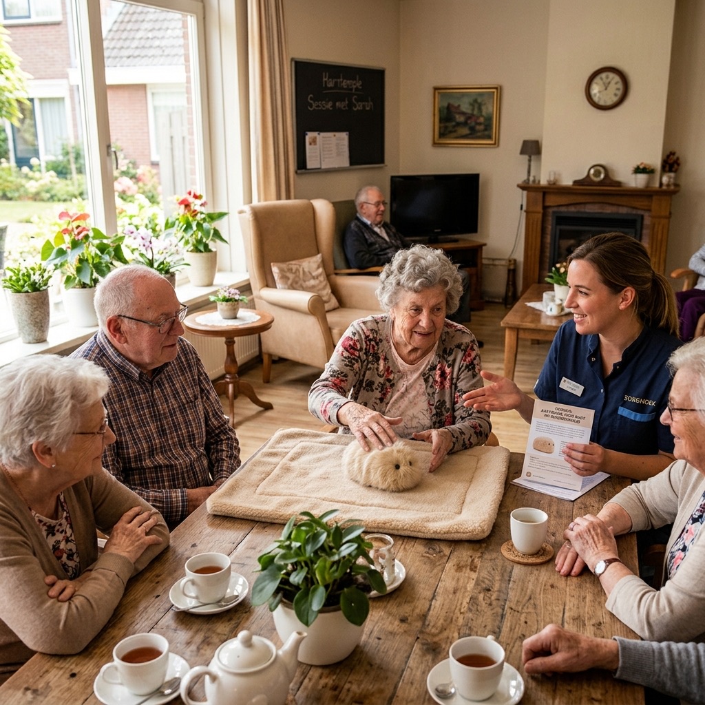 Bewoners en zorgbegeleider beleven samen een rustig moment met Cupboo